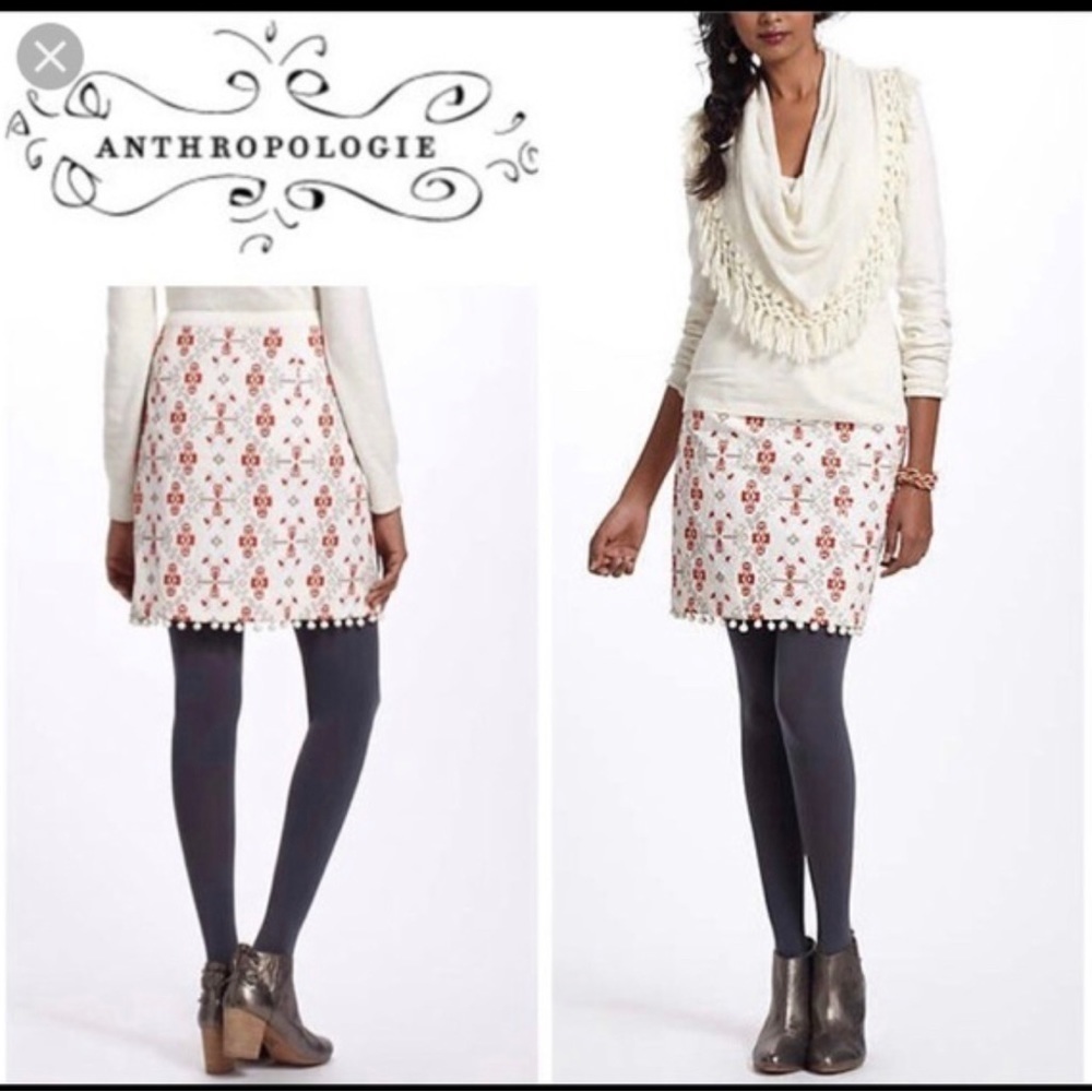 Anthropologie Maeve Blomma Embroidered‎ Cross stitch Pom Pom skirt size…